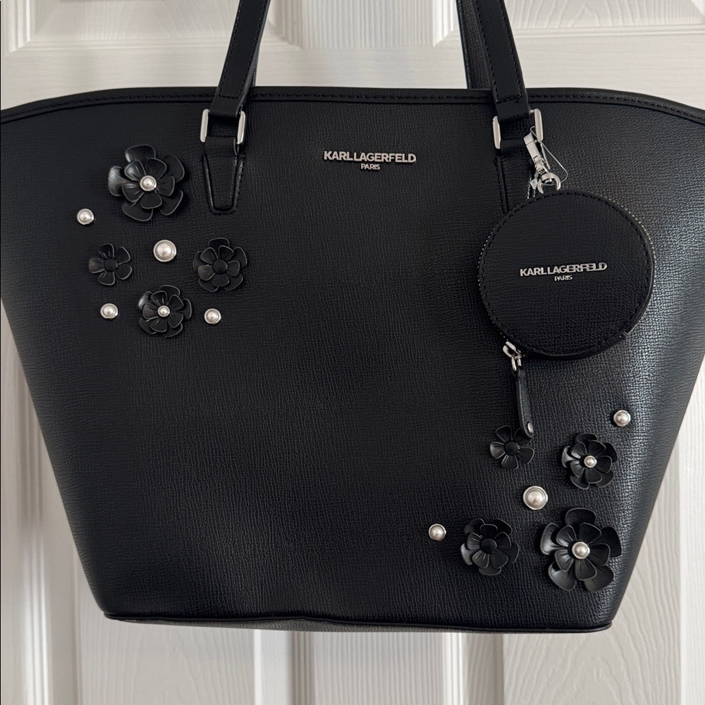 Karl Lagerfeld Black Floral Tote Bag with Small Coin Pouch